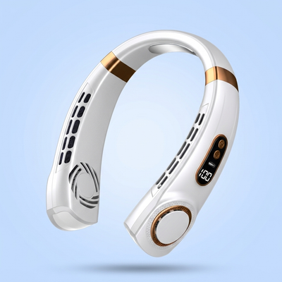 White wearable neck cooling fan by CoolNeck, lightweight and portable design for cooling comfort on the go.
